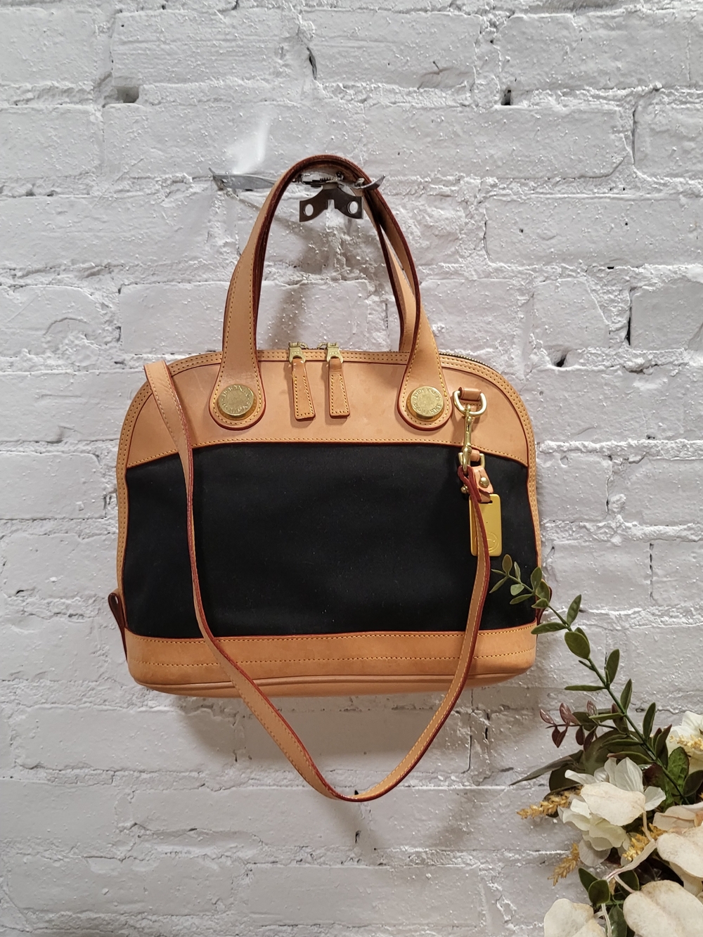 Dooney & Bourke Black Canvas Shoulder Bag with Tan Leather Trim